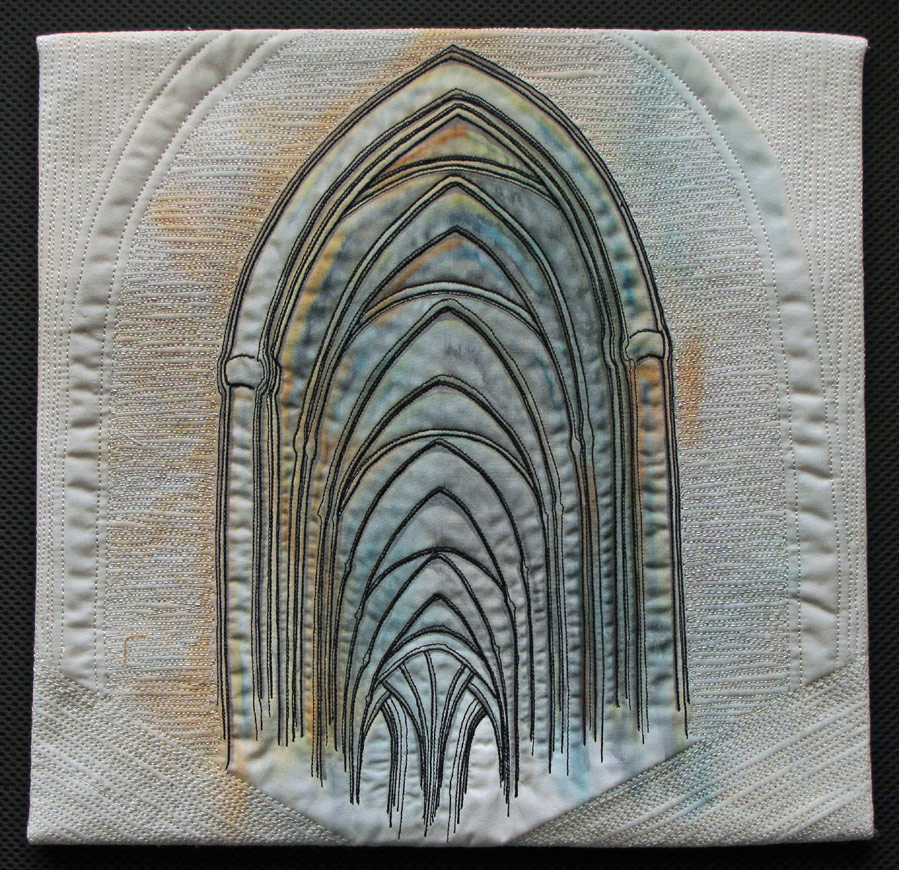 Thread sketched and painted art quilt of gothic ribbed vault in Germany