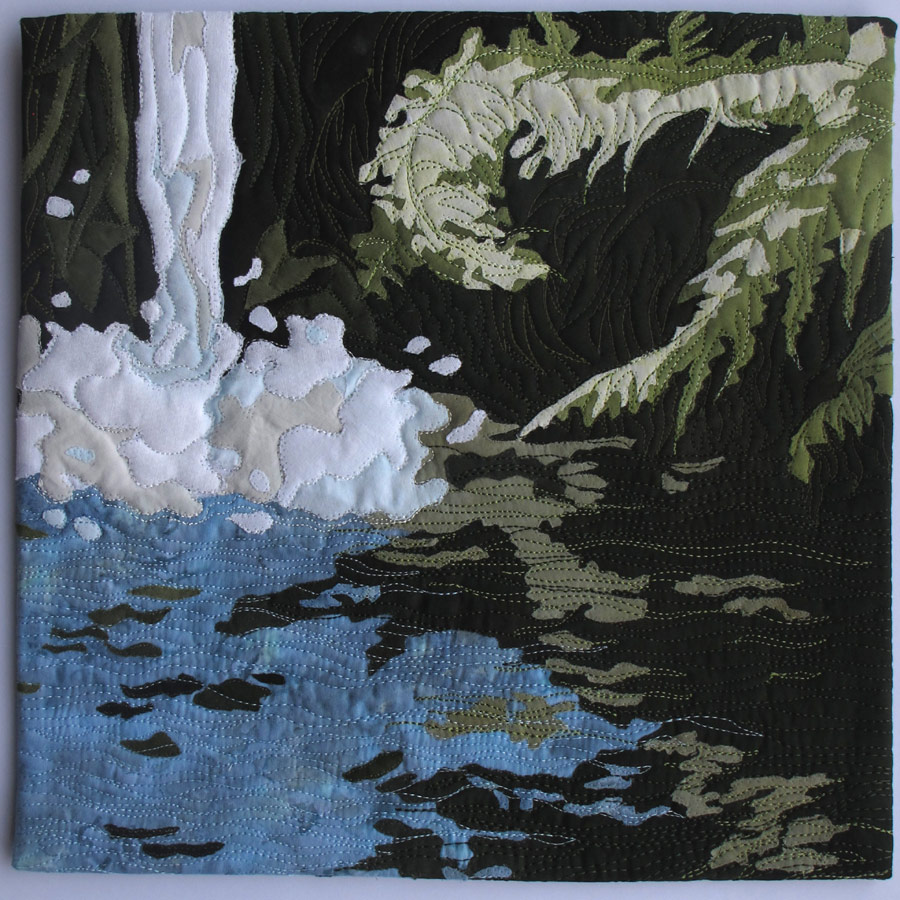 Collaged art quilt small pond with ferns 