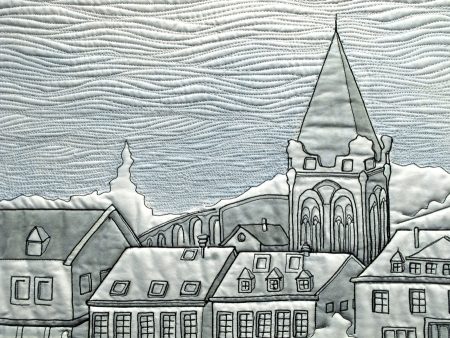 Thread sketched and painted art quilt of the UNESCO World Heritage site on the Rhine River
