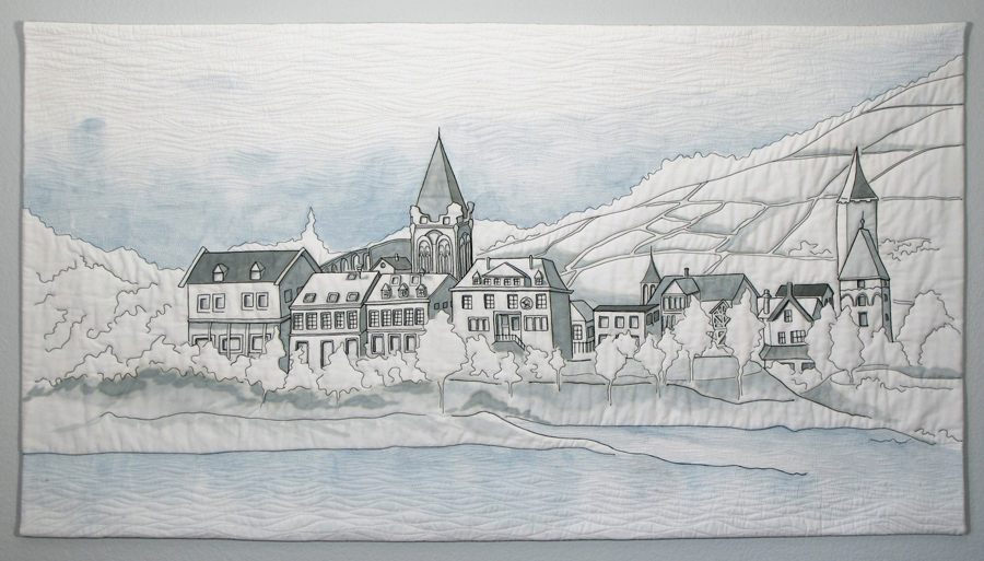 Thread sketched and painted art quilt of the UNESCO World Heritage site on the Rhine River