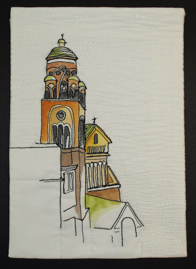 Free motion embroidery and painted scene of the cathedral bell tower in Amalfi Italy